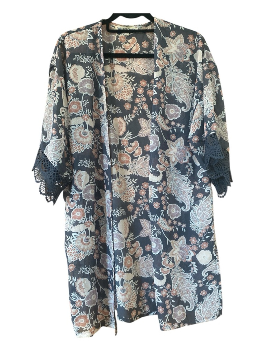 Wildflower Boho Kimono Floral Paisley Crochet Sleeve Open Front M